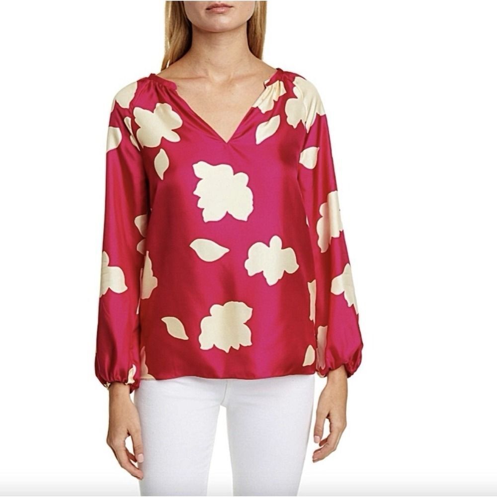 Theory Petal Open V-Neck Gathered Long Sleeve Silk Blouse. Fuschia. Sz S. NWT.